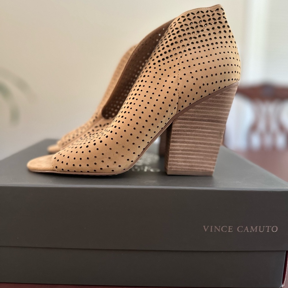 Vince Camuto Tan Heeled Boots with Perforated Design
